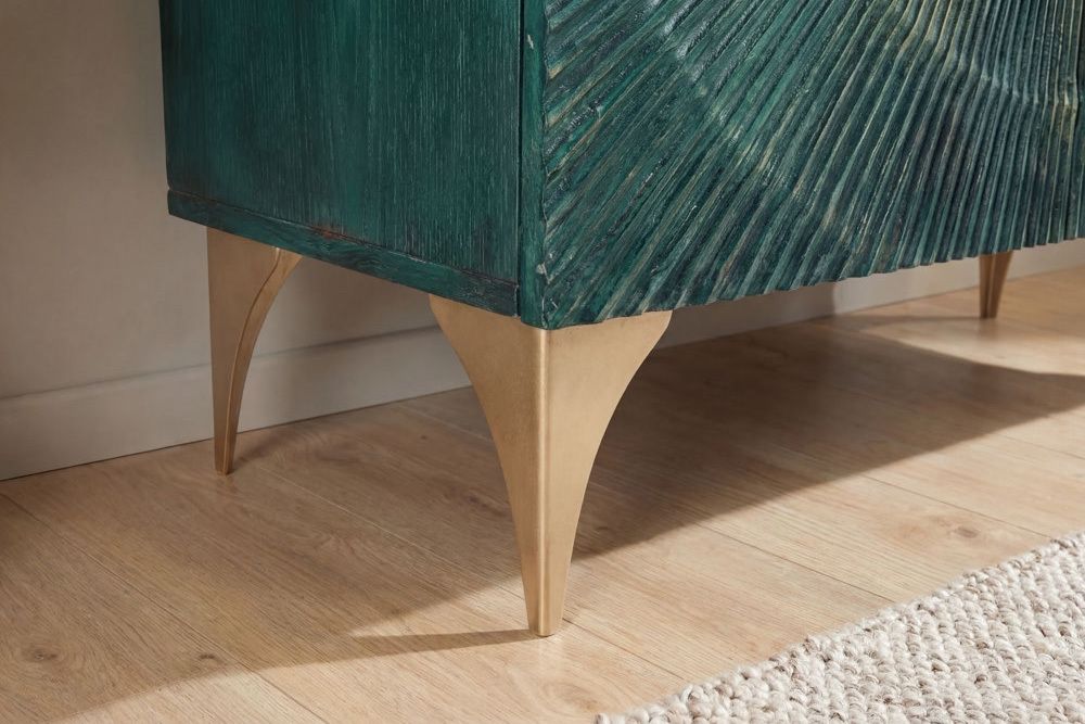 Massives Highboard GOLDEN SUNSET 120cm türkis gold Mangoholz mit 3D Schnitzereien