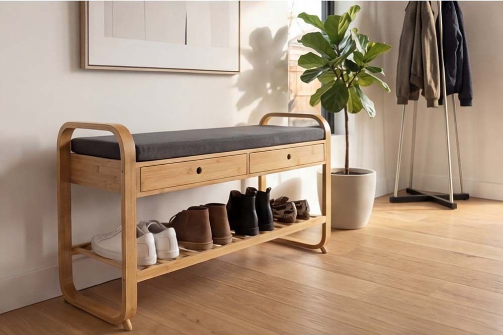 Stilvolle Schuhbank ZEN-BO 100cm natur grau Bambus Regal Sitzbank mit Schubladen