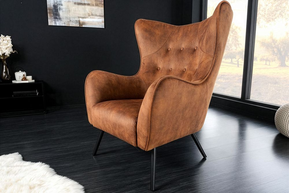 Design XL Sessel AMSTERDAM antik braun Microfaser schwarze Metallbeine