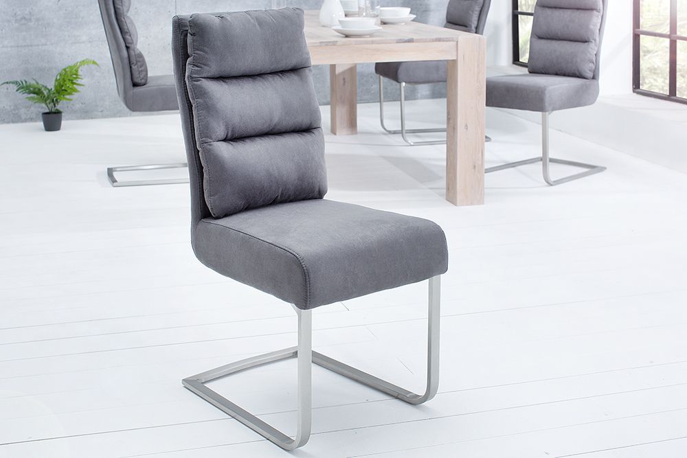 Design Freischwinger Stuhl COMFORT vintage grau mit Edelstahl-Gestell