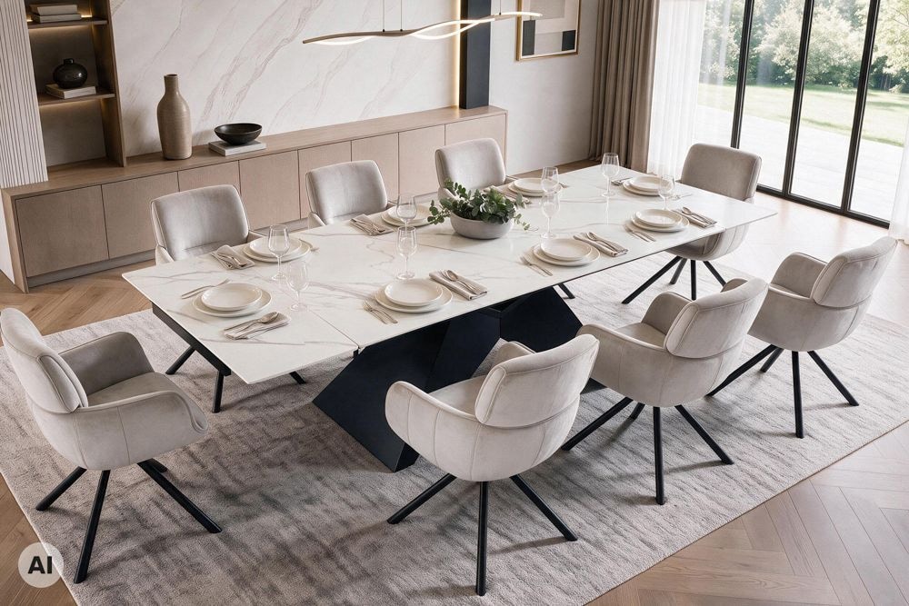 Design Esstisch DIAMOND 180-260cm matt weiß Keramik Metallgestell schwarz