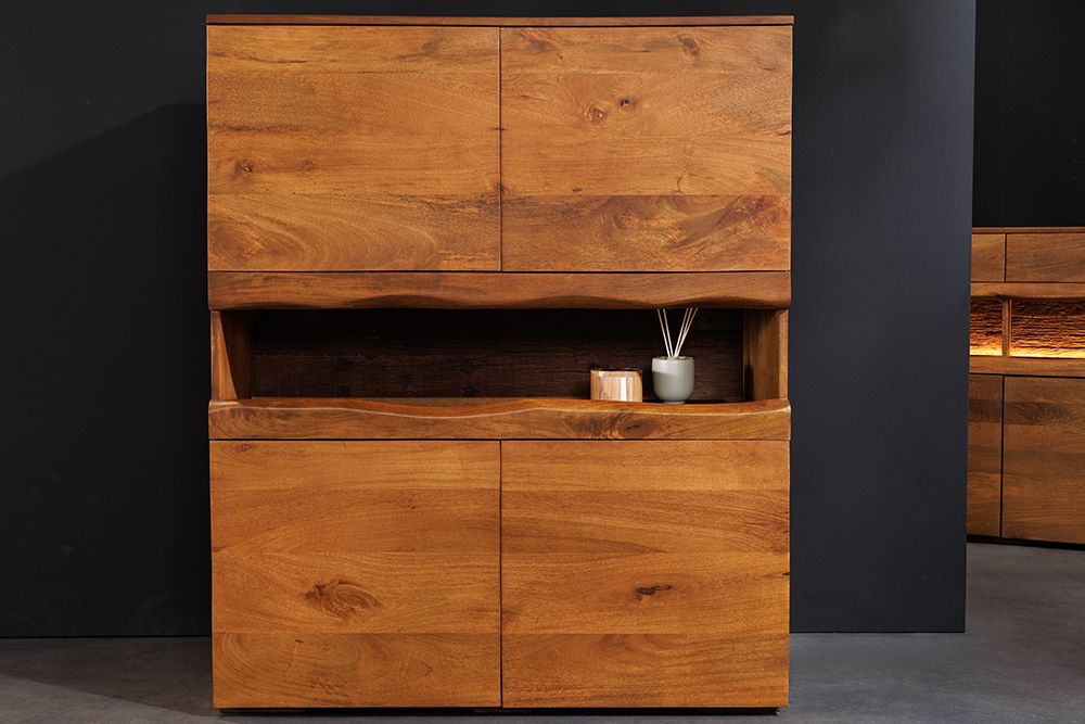 Massives Highboard GRAND 120cm braun Mangoholz mit LED-Beleuchtung