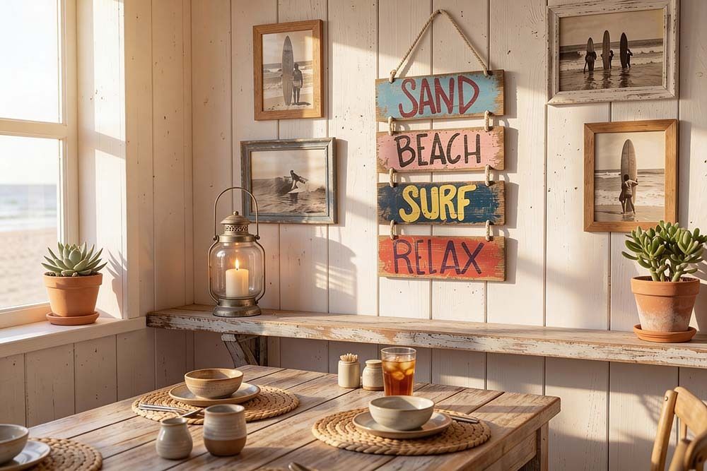 Maritimes Wandschild SURF & BEACH 110cm buntes Holzdesign Deko-Schild