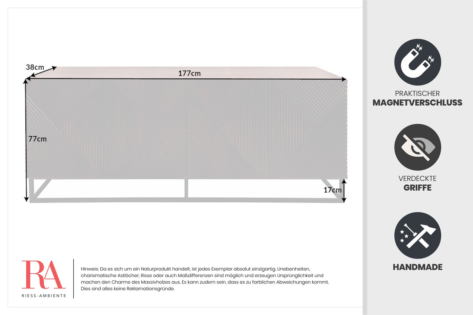 Massives Sideboard CREATIVO 180cm Mangoholz aufwändige 3D Front Retro Design