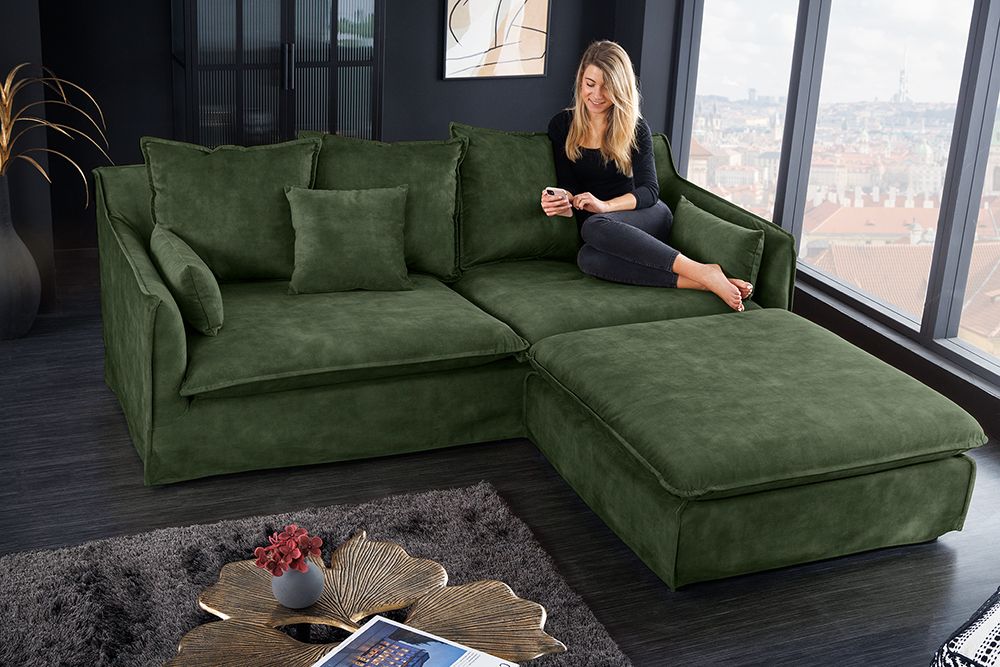 Großer Hussenhocker HEAVEN 100cm dunkelgrün Samt Landhausstil Sofahocker waschbarer Bezug