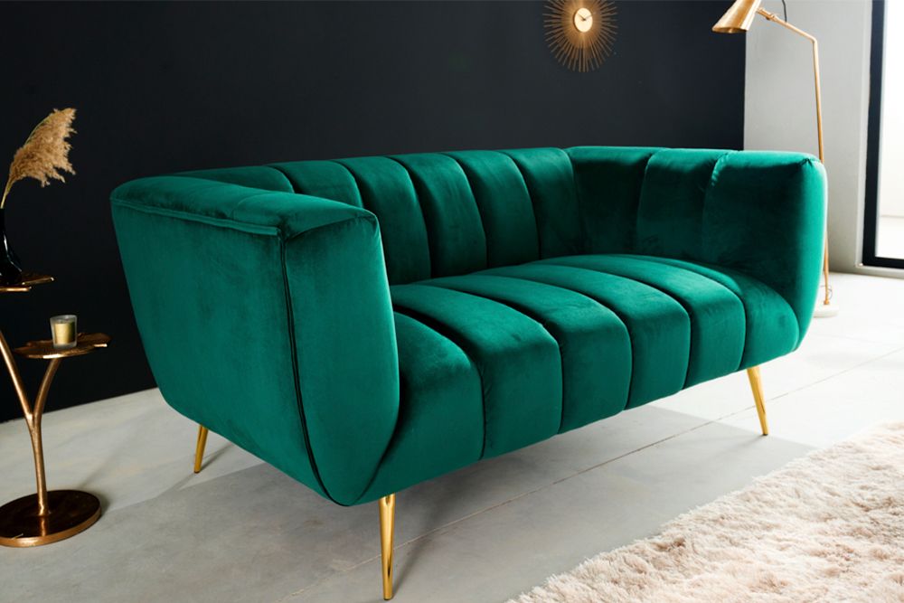 Design 2-Sitzer Sofa NOBLESSE 165cm smaragdgrün Samt Federkern goldene Metallfüße