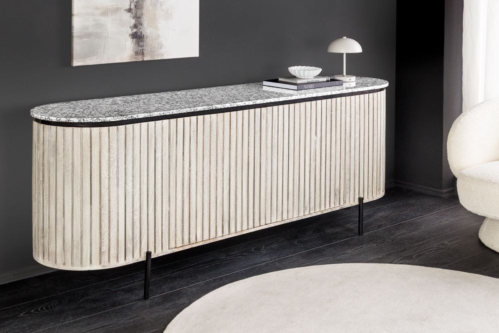 Massives Sideboard ADLON 170cm grau gebürstet Mangoholz mit weißer Marmorplatte