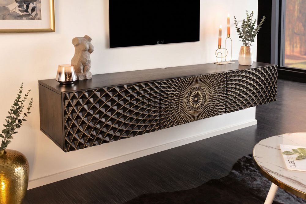 Hängendes TV-Board ILLUSION 160cm schwarz Mangoholz Massivholz mit 3D Schnitzereien gold