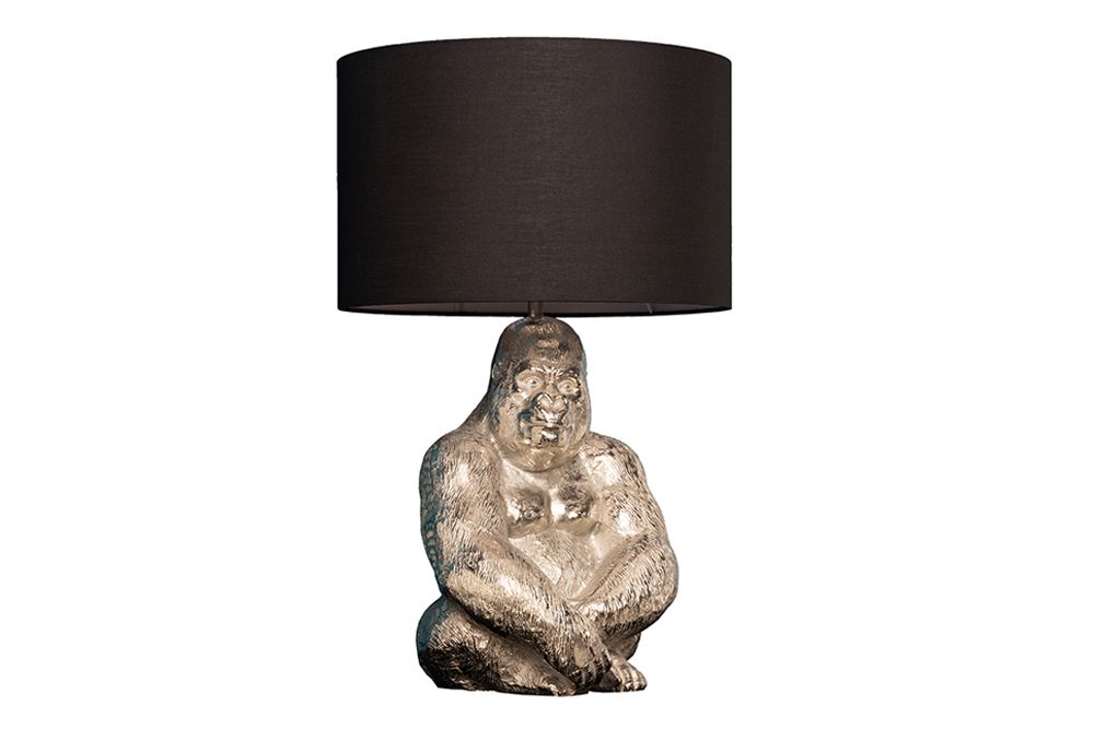Handmade Tischlampe KONG 60cm silber Metall Affe Gorilla Dekoleuchte schwarzer Lampenschirm