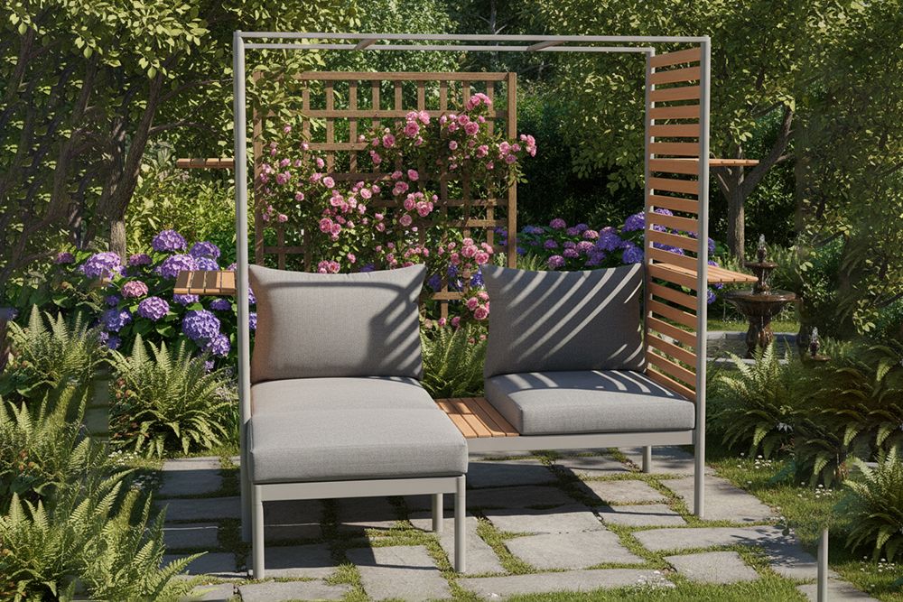Outdoor Balkonlounge 2-Sitzer COCOONING anthrazit Aluminium Holz mit Hocker wetterfest