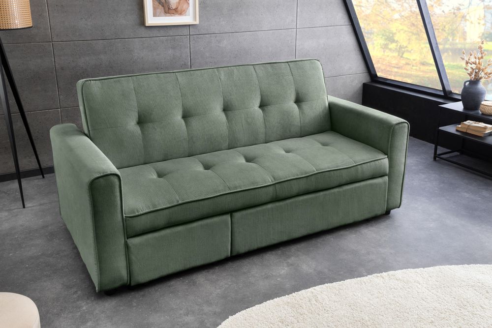 Ausziehbares Schlafsofa SMART 180cm grün Cord 2-Sitzer Couch mit Nosagfederung