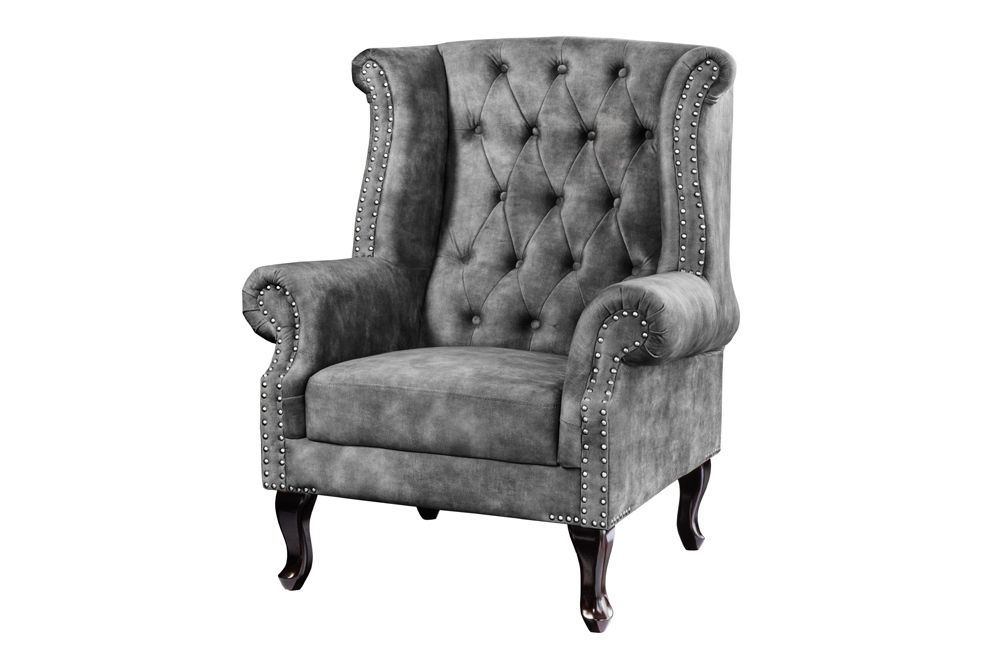 Design Ohrensessel CHESTERFIELD 105cm grau Samt silber Nieten