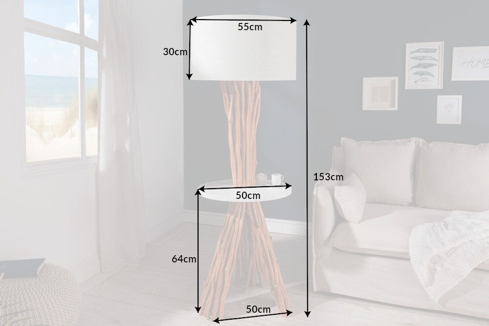 Funktionelle Stehlampe SERVANT 153cm Longan-Massivholz mit Tisch und Leinenschirm