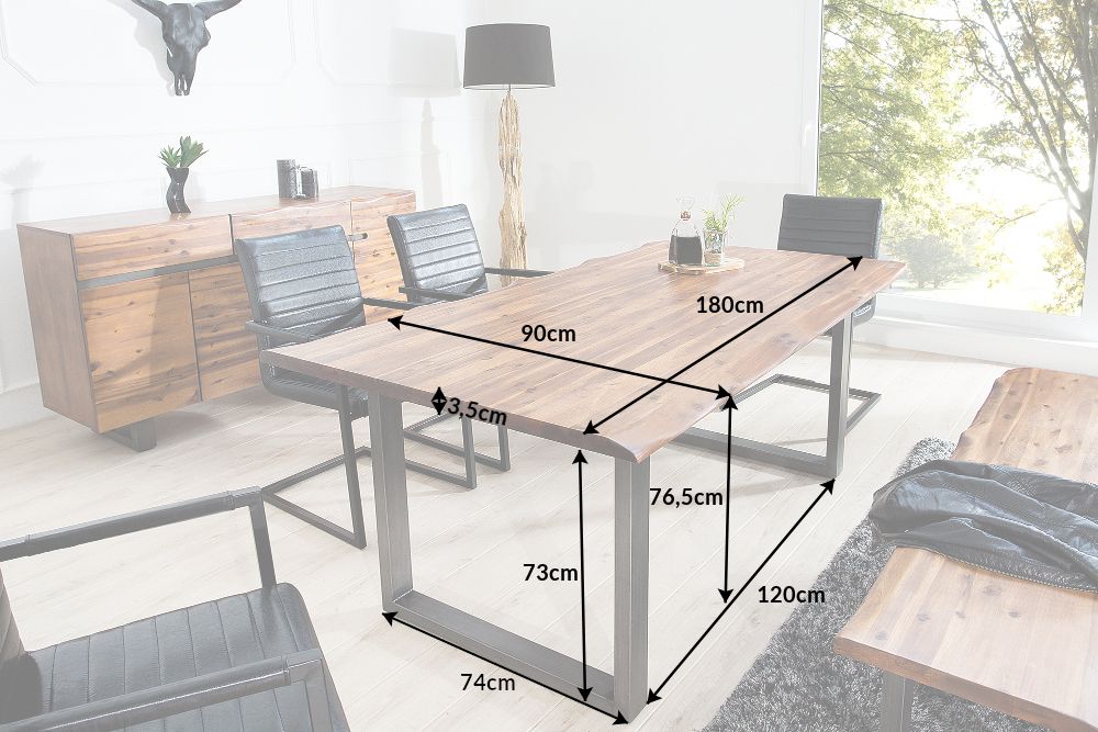 Massiver Baumstamm Esstisch GENESIS 180cm Akazie Baumkante Kufengestell Industrial Finish
