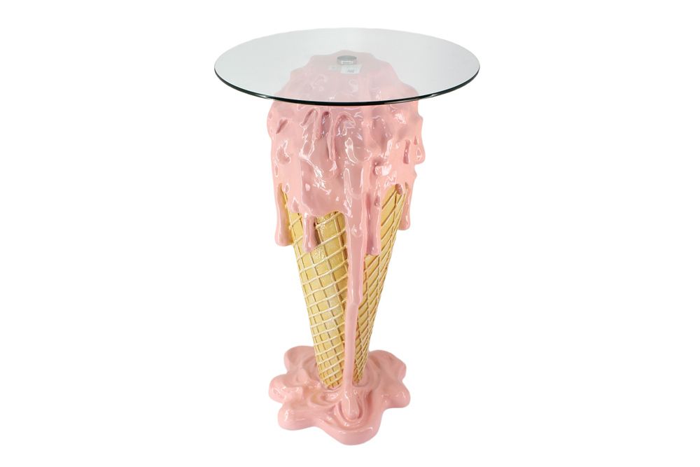 Einzigartiger Bartisch ICE CREAM 105cm beige rosa runde Tischplatte Glas handmade