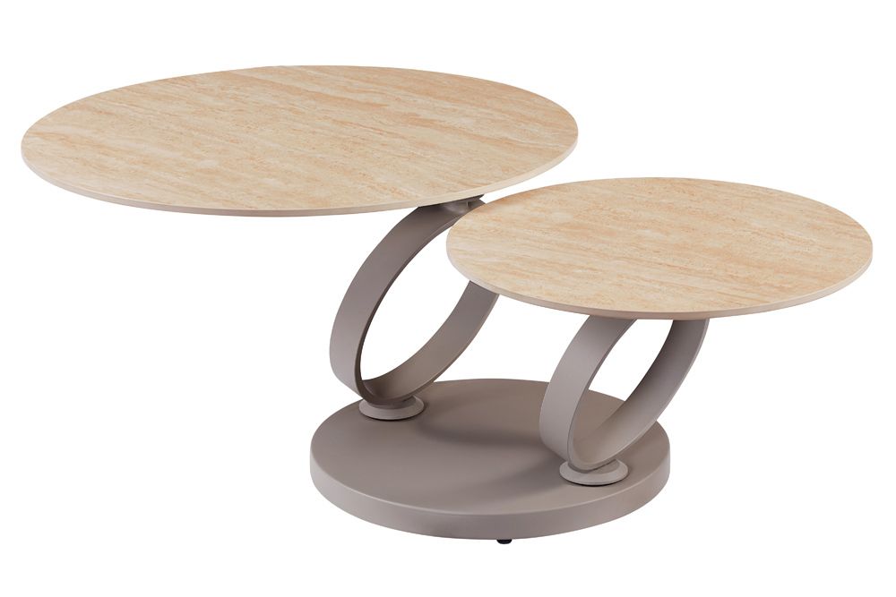 Design Couchtisch DANCING RINGS natur rund drehbar Travertin Keramik champagner greige