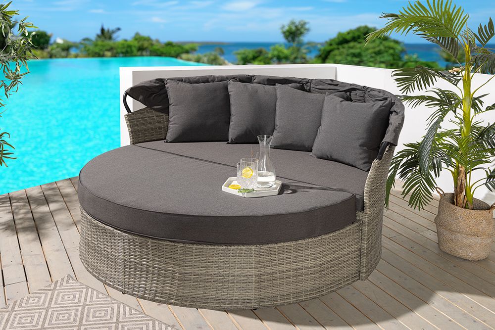 Outdoor Sonneninsel PLAYA LIVING 165cm hellgrau Polyrattan Aluminium inklusive Kissen wetterfest