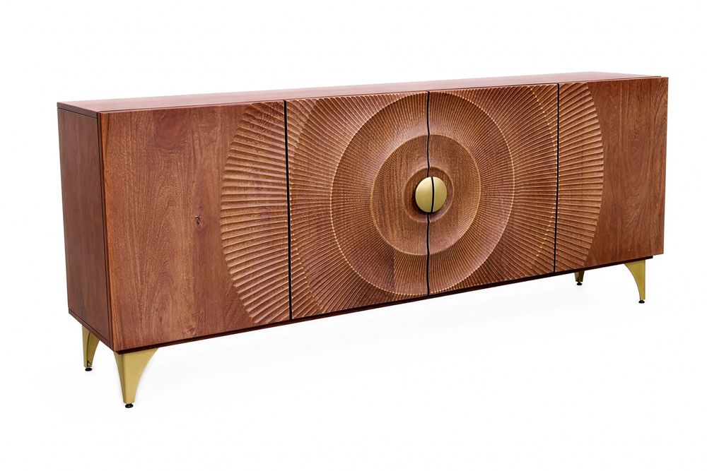 Handgearbeitetes Sideboard GOLDEN SUNSET 180cm braun mit 3D Schnitzereien gold Mangoholz Metallbeine