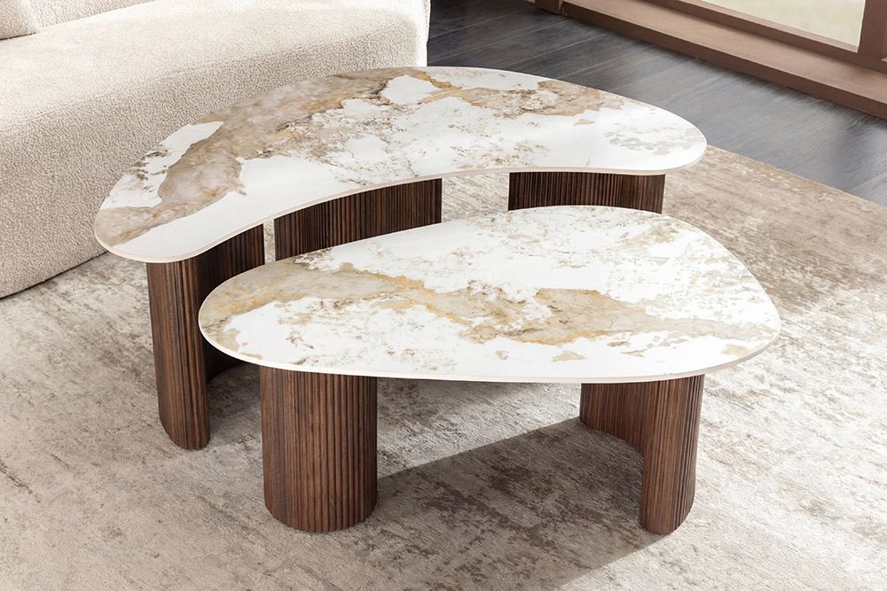 2er Set Couchtische OSAKA 120cm weiß Pandora Keramik Walnuss