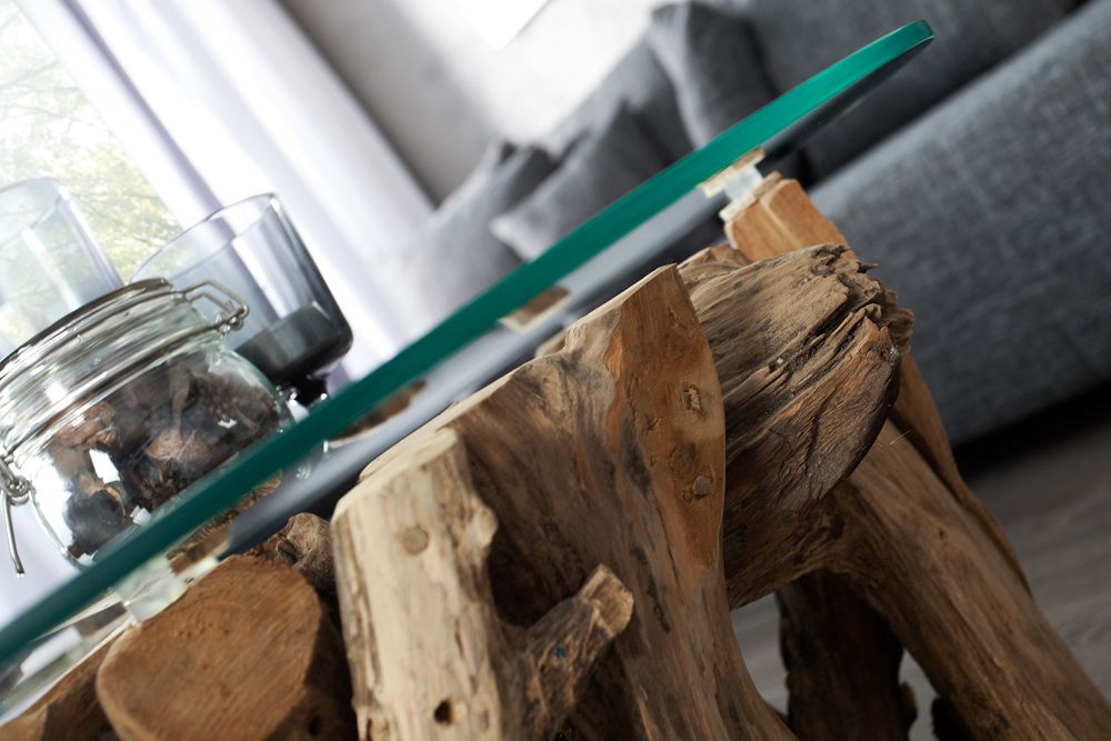 Design Couchtisch NATURE LOUNGE 60cm Teakholz mit runder Glasplatte Beistelltisch
