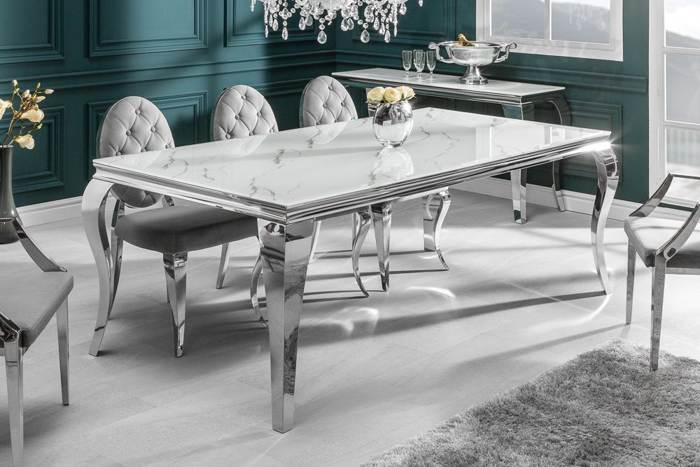 Design Esstisch MODERN BAROCK 200cm weiß chrom Glasplatte Marmor Edelstahlbeine