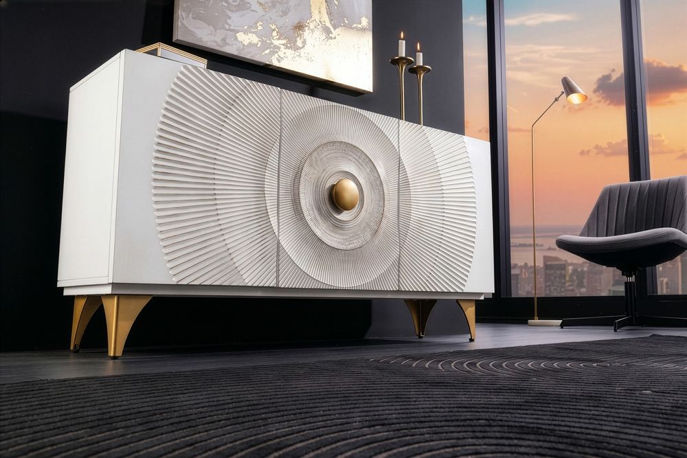 Handgearbeitetes Sideboard GOLDEN SUNSET 140cm weiß mit 3D Schnitzereien gold Mangoholz Metallbeine