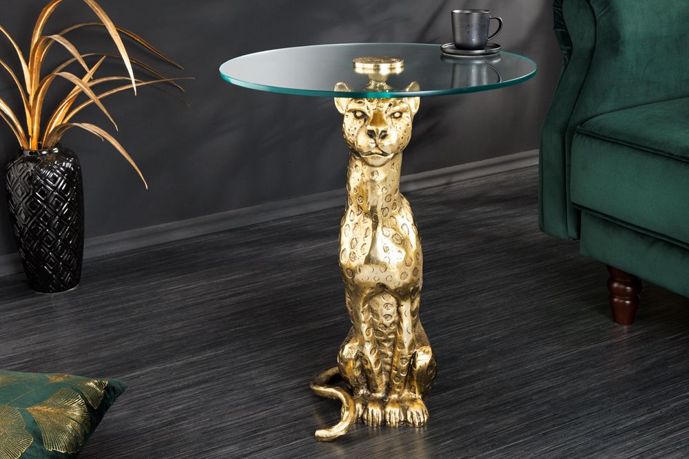 Runder Beistelltisch WILDLIFE PANTHER 60cm gold antik Metall Glas Skulptur handmade