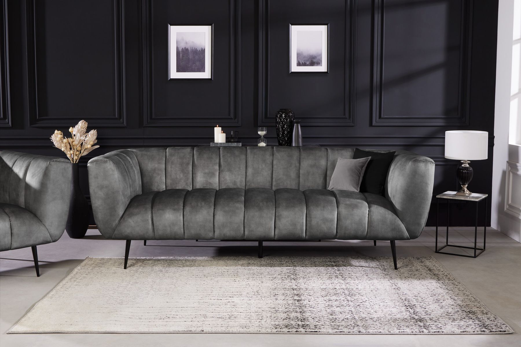 Design 3-Sitzer Sofa NOBLESSE 225cm grau Samt Federkern schwarze Metallfüße