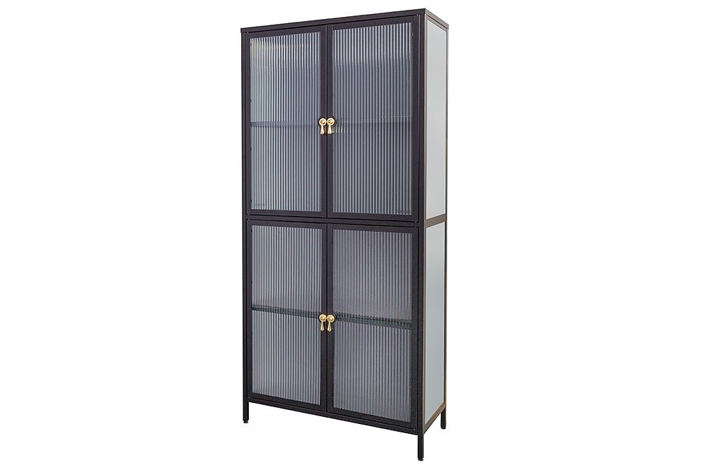 Moderne Vitrine AMSTERDAM 180cm schwarz gold Riffelglas Metall Highboard Schrank