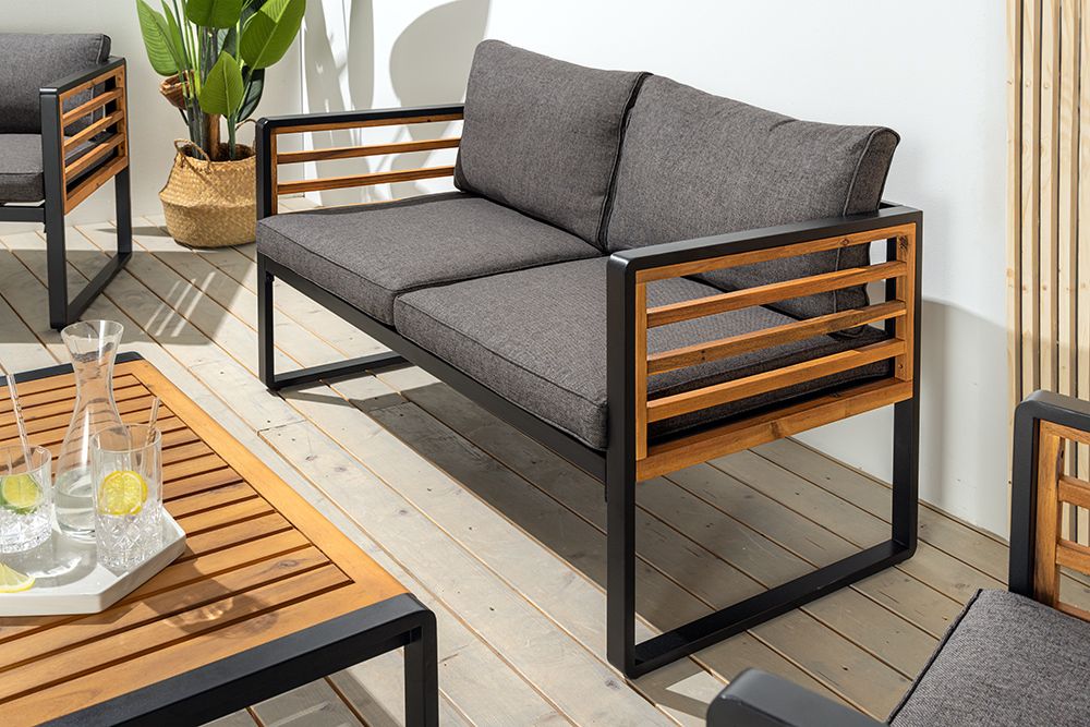 Outdoor Garten-Sitzgruppe PURE grau natur Akazie schwarz Metall inkl. Tisch Sitzpolster