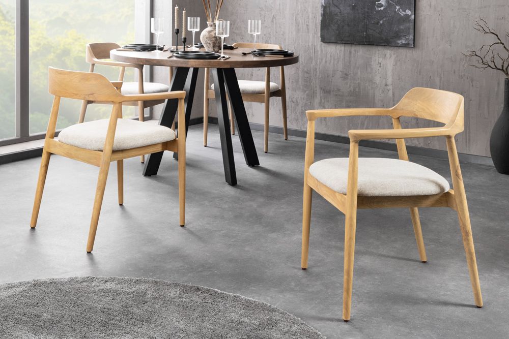 Design Stuhl KENNEDY creme beige massives Mangoholz mit Polstersitz Strukturstoff