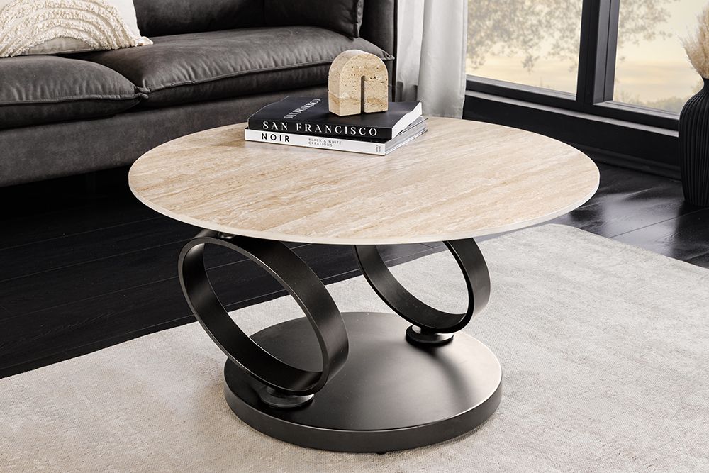 Design Couchtisch DANCING RINGS rost rund drehbar Travertin Keramik schwarz Gestell