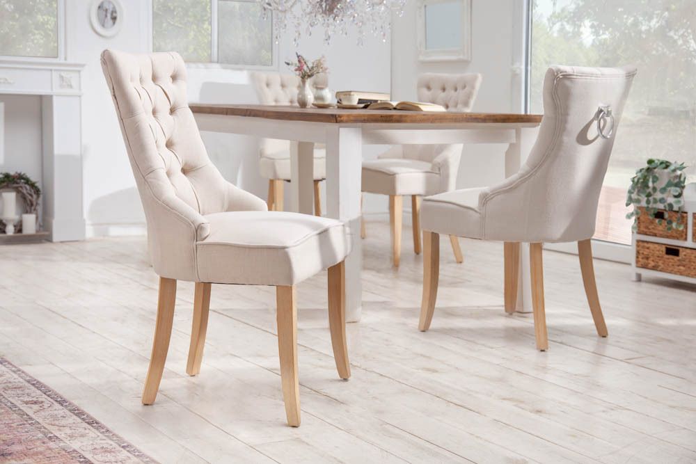 Eleganter Stuhl CASTLE beige Leinenstoff Landhausstil mit Komfortgriff