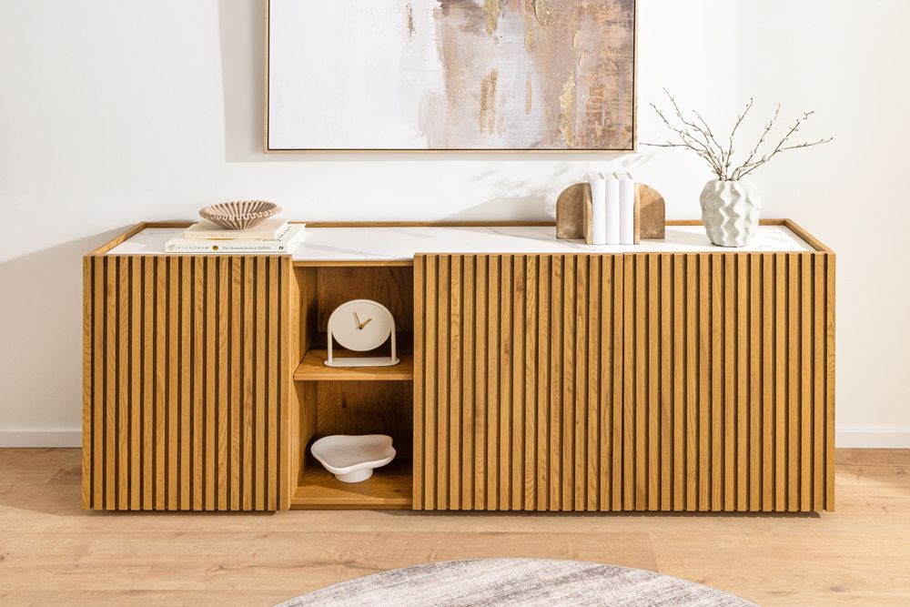 Design Sideboard VICENZA 180cm weiß Keramik natur Eiche Lamellenfront