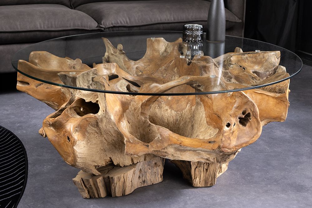 Runder Couchtisch ROOT 100cm natur Teak Massivholz aus Wurzelholz mit Glasplatte