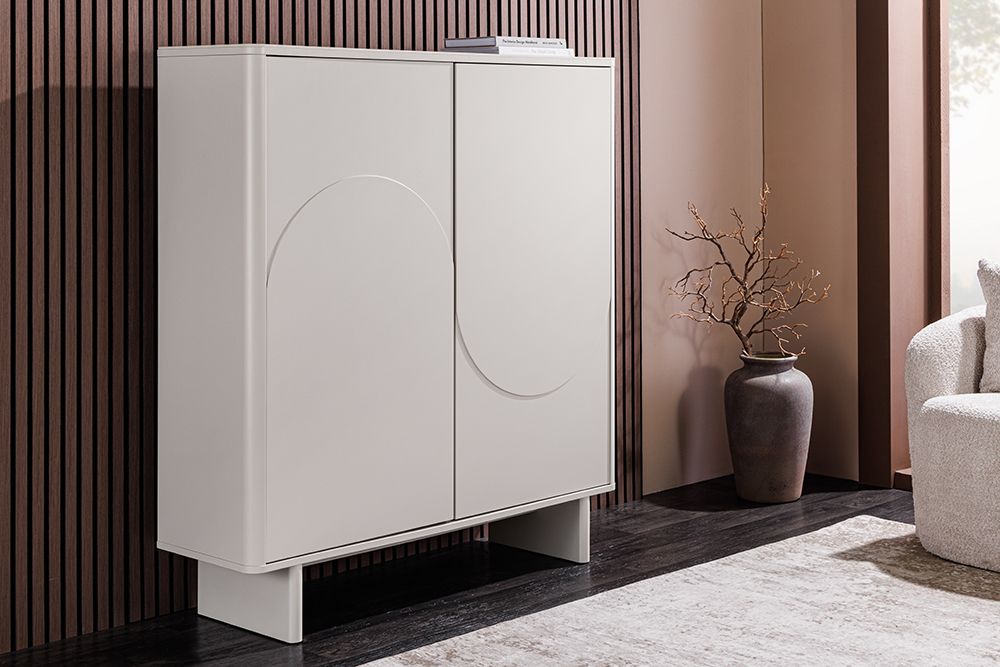 Design Highboard SAVOY 130cm kaschmir weiß Marmor Keramik mit Stauraum und 3D-Front
