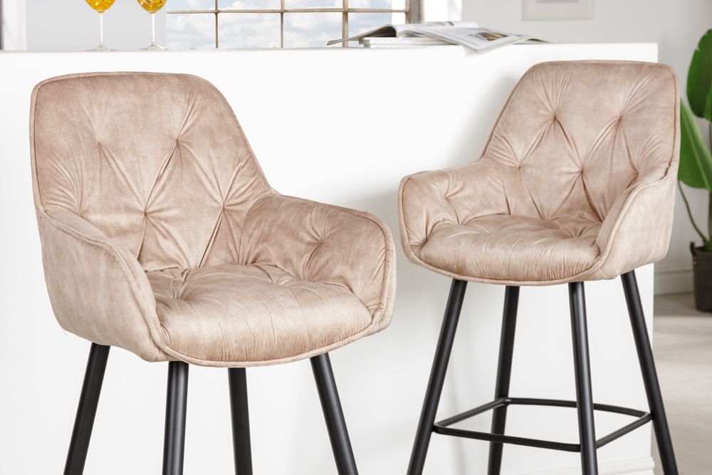 Design Barhocker MILANO champagner beige Samt Barstuhl mit Lehne Metall schwarz