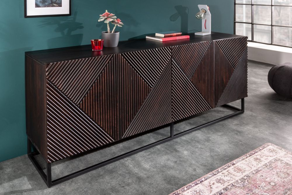 Massives Sideboard CREATIVO 180cm Mangoholz aufwändige 3D Front Retro Design