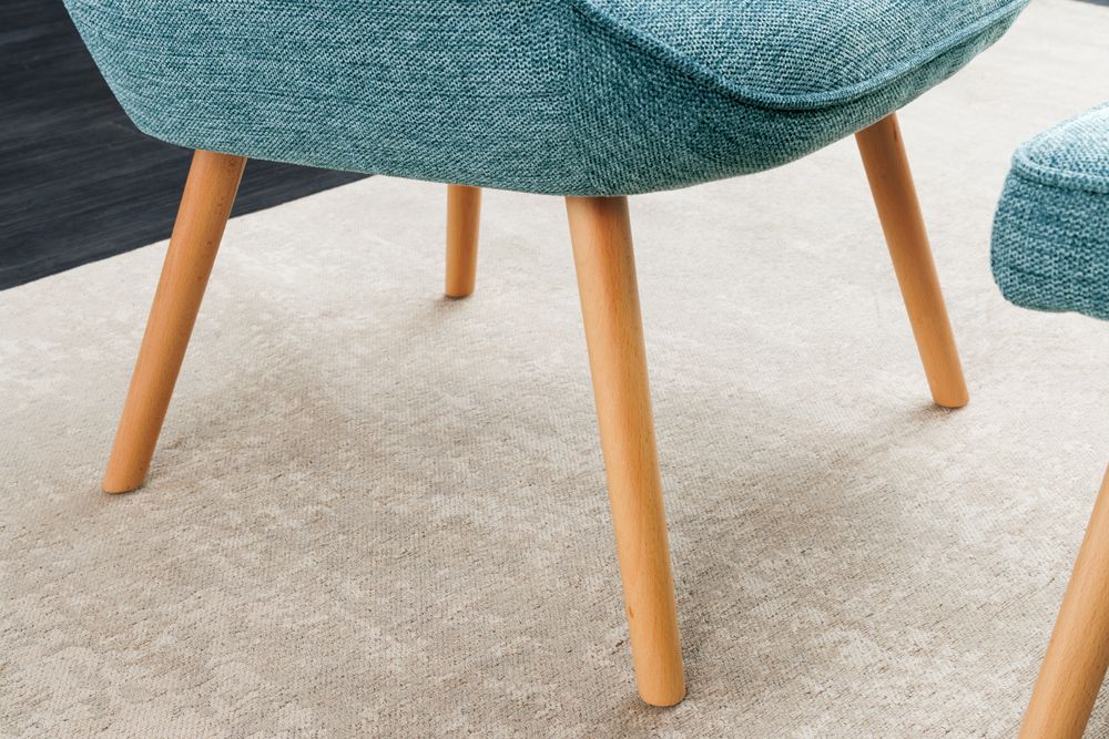 Moderner Sessel SCANDINAVIA blau Strukturstoff Massivholz-Beine mit Armlehnen