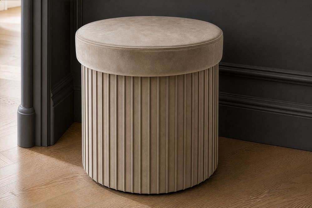 Runder Hocker ÉLAN 40cm champagner greige Samt faltbar mit Stauraum
