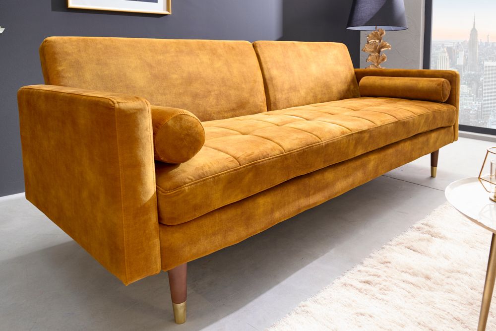 Modernes Schlafsofa COUTURE 200cm senfgelb Microvelours 3-Sitzer Couch mit Schlaffunktion