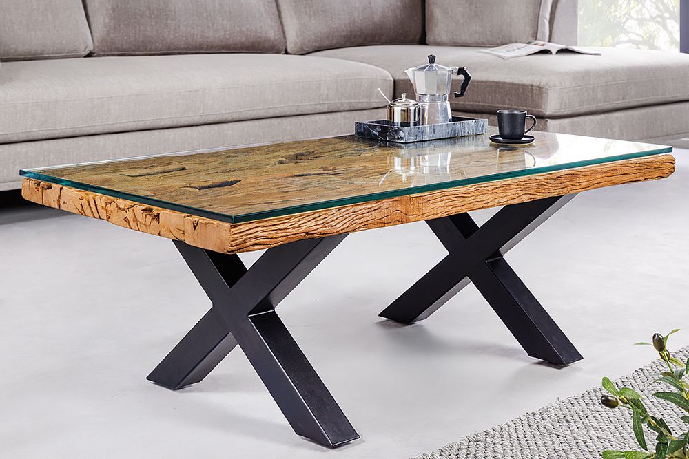 Massiver Couchtisch BARRACUDA 110cm antik natur Teakholz X-Gestell Glasplatte