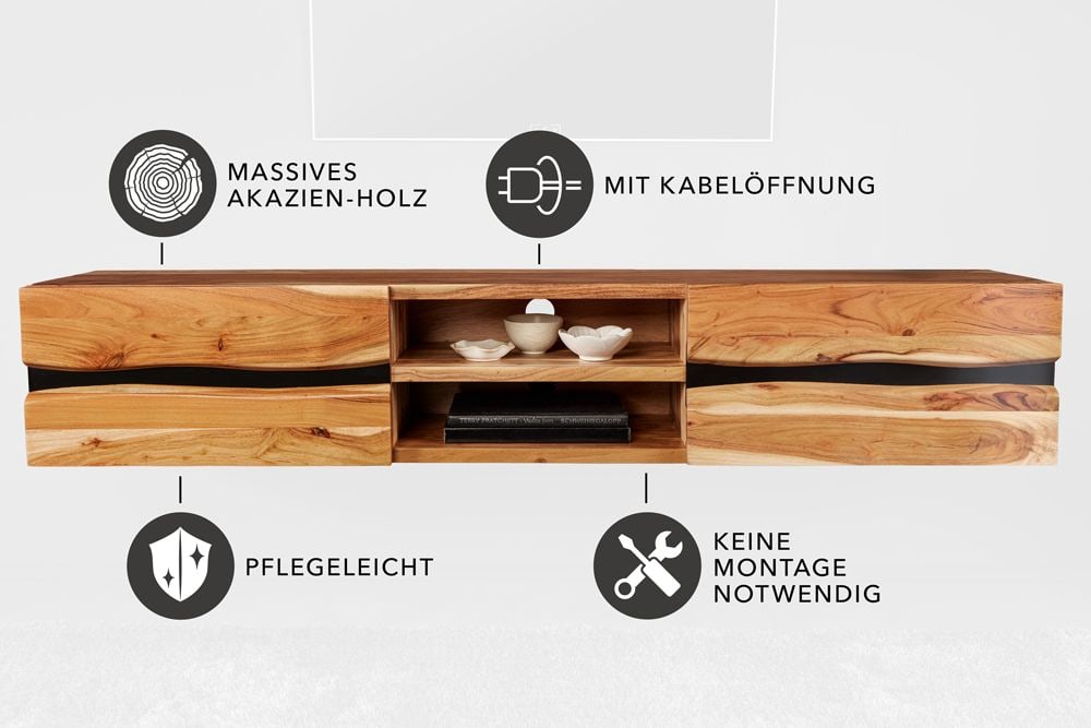 Hängendes TV-Lowboard AMAZONAS 160cm natur Akazie Massivholz Baumkante Metall schwarz