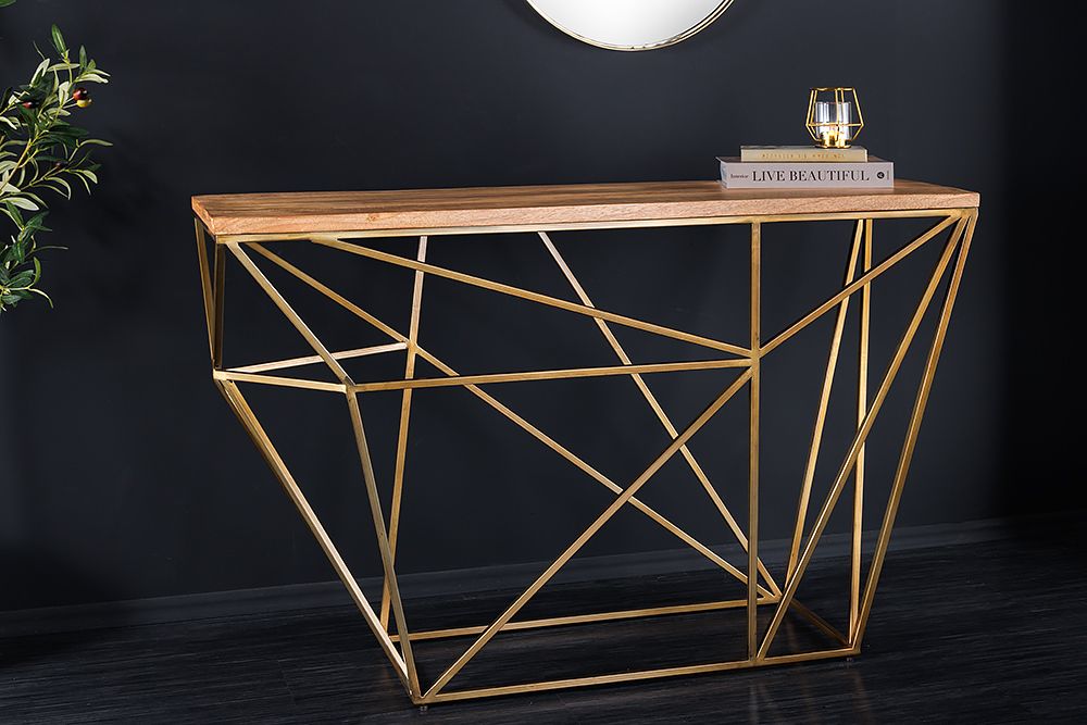 Abstrakter Konsolentisch DIAMOND 120cm natur messing Mangoholz Metallgestell