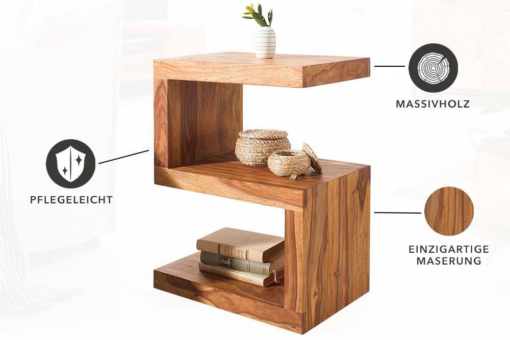 Handgearbeiteter Beistelltisch S 60cm braun Sheesham Massivholz stone finish Ablage