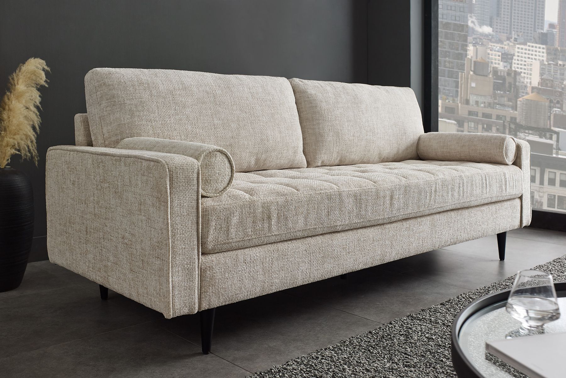 Design Sofa COZY VELVET 220cm beige Chenille Federkern 3-Sitzer mit goldener Kappe