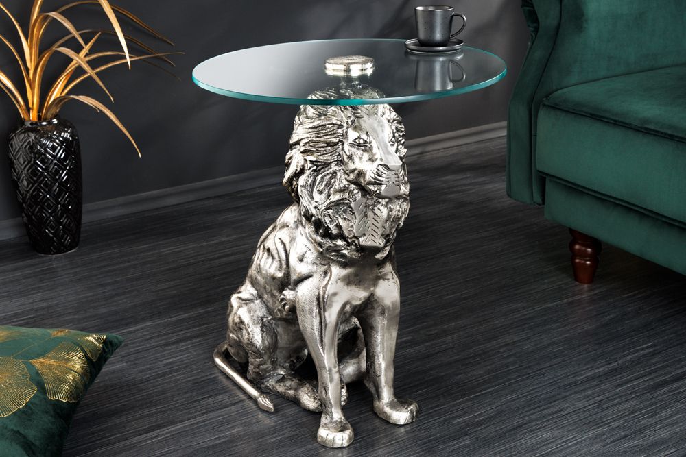 Runder Beistelltisch WILDLIFE LION 60cm silber antik Metall Glas Löwen Skulptur