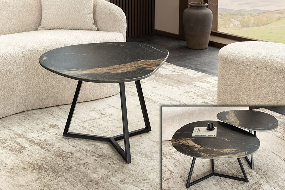 Design Couchtisch MARVELOUS 70cm schwarz gold sand AURORA ORO Keramik Metall
