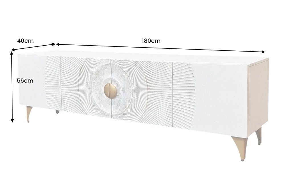 Massives TV-Lowboard GOLDEN SUNSET 180cm weiß gold Mangoholz 3D Schnitzereien Metallfüße