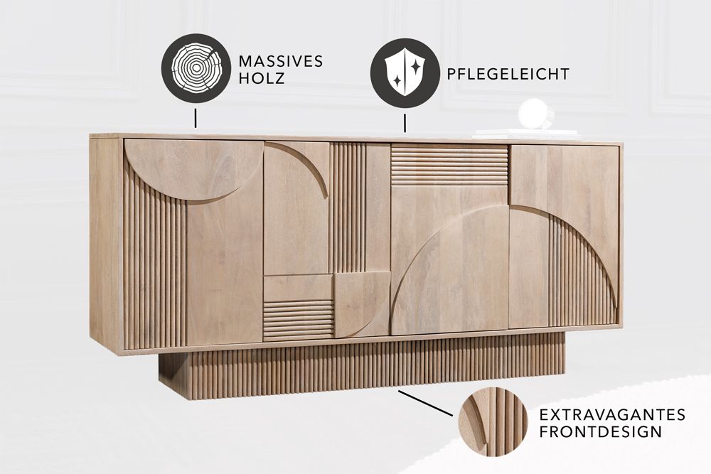 Design Sideboard ART DECO 170cm weiß gekälkt Mangoholz massiv 3D-Front